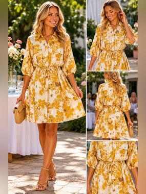Dear Siouxsie Yellow Floral Shirt Dress Cotton Garden Party M L Cottagecore